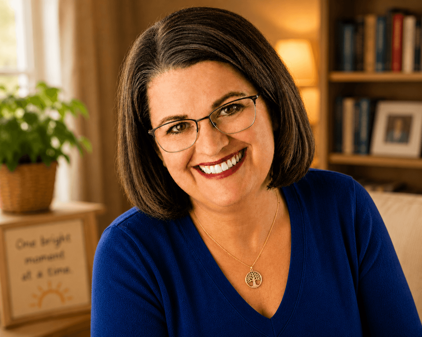 Liz smiling at her desk in front of a bookshelf